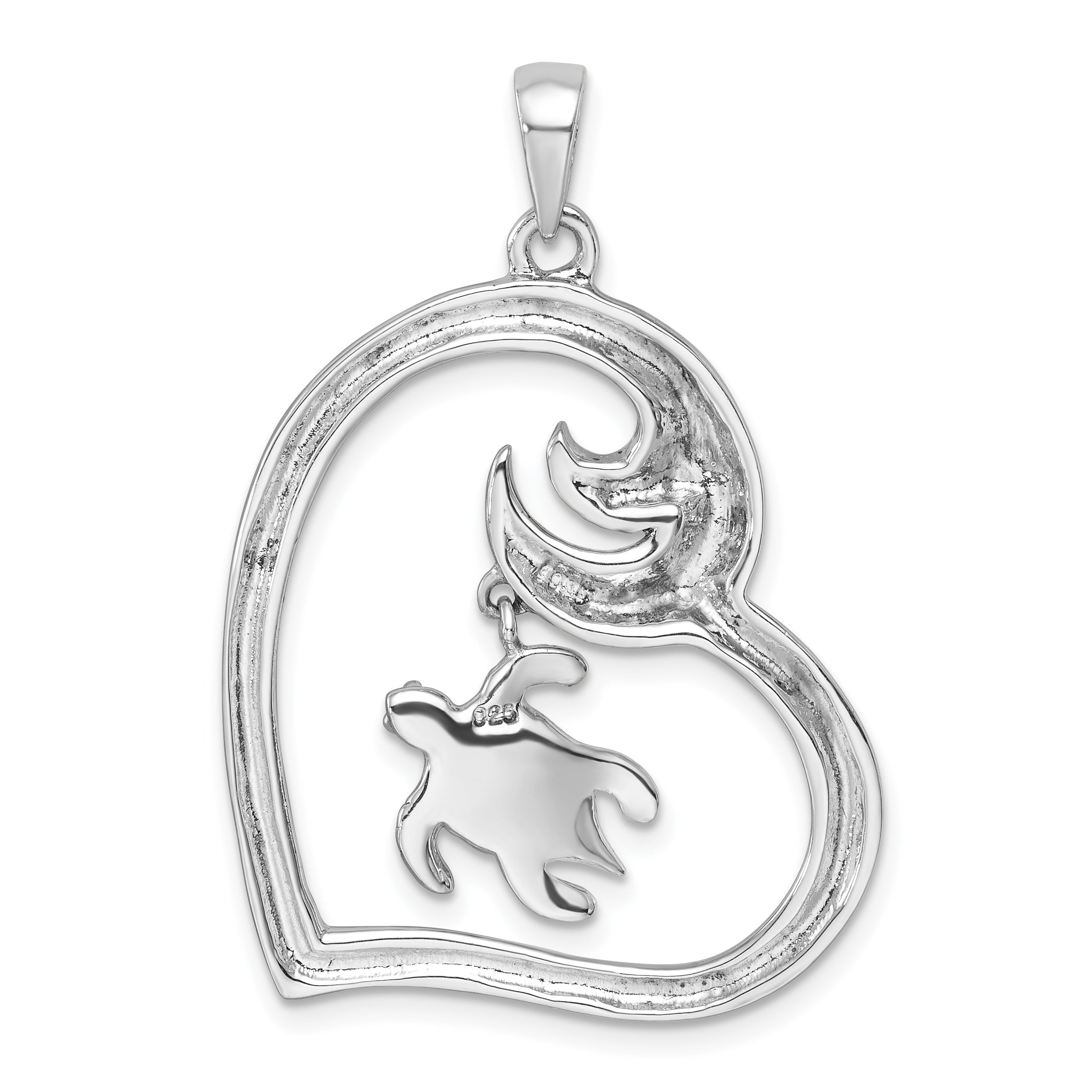 Sterling Silver Rhodium-plated Antiqued Crystal Turtle Heart with Wave Pendant