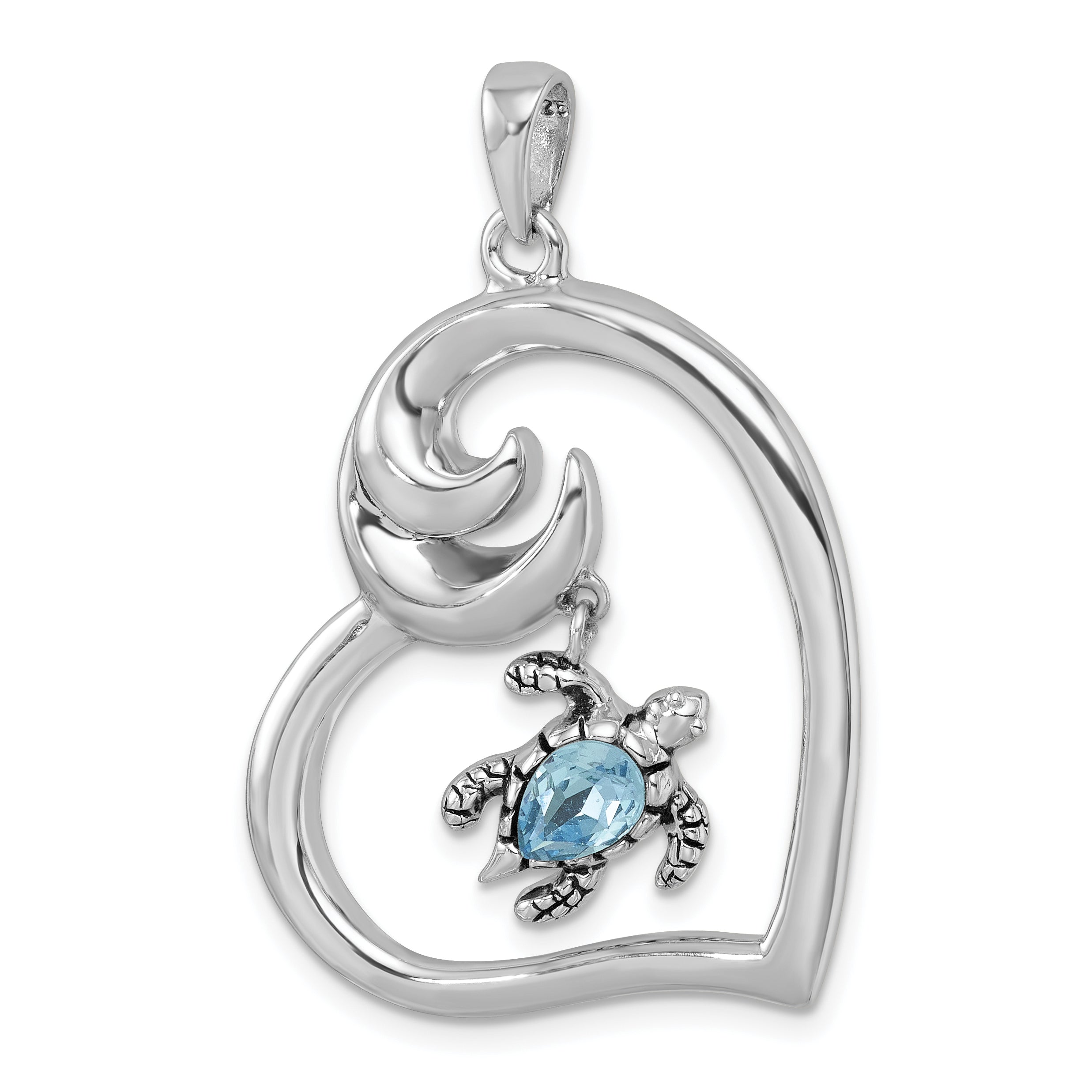 Sterling Silver Rhodium-plated Antiqued Crystal Turtle Heart with Wave Pendant