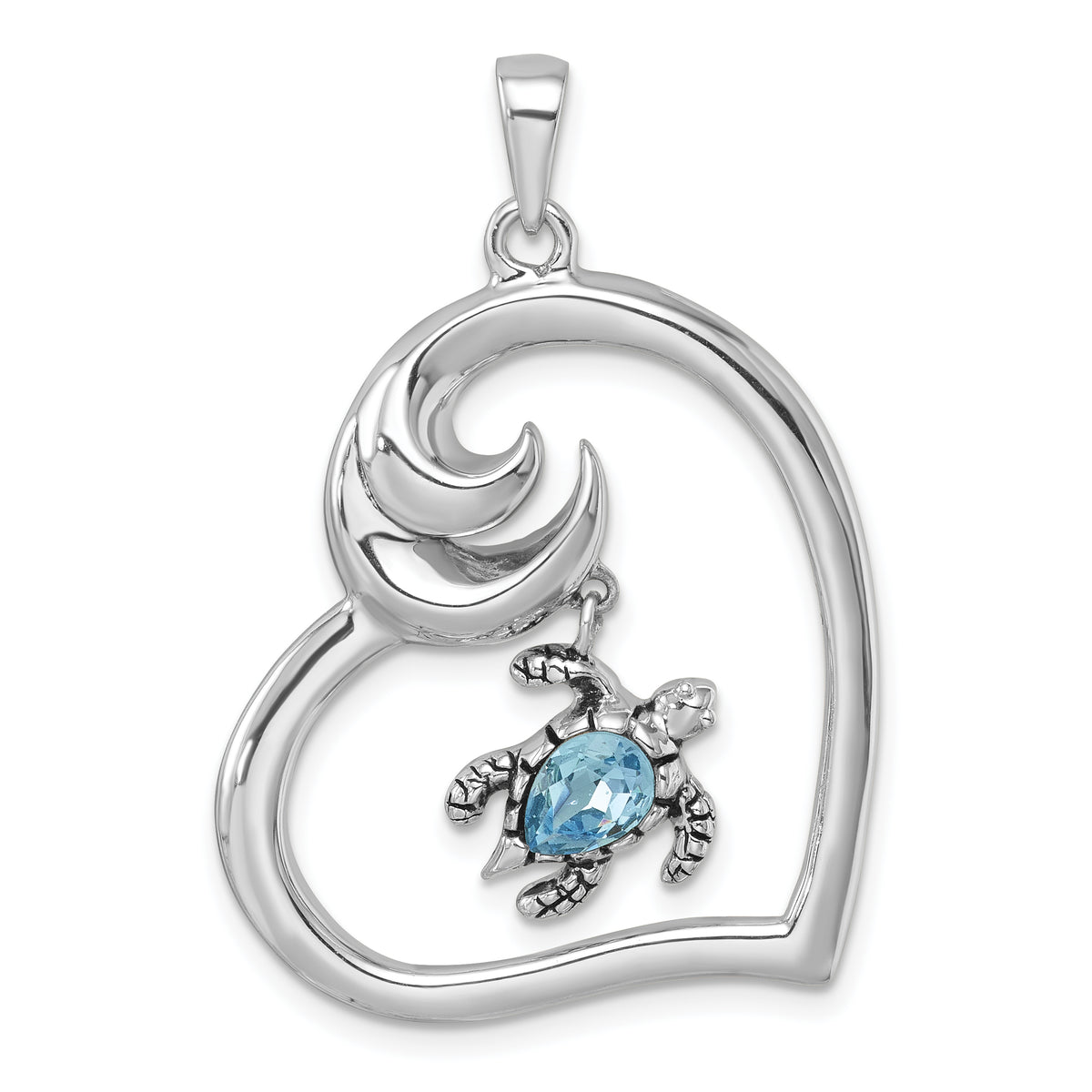 Sterling Silver Rhodium-plated Antiqued Crystal Turtle Heart with Wave Pendant