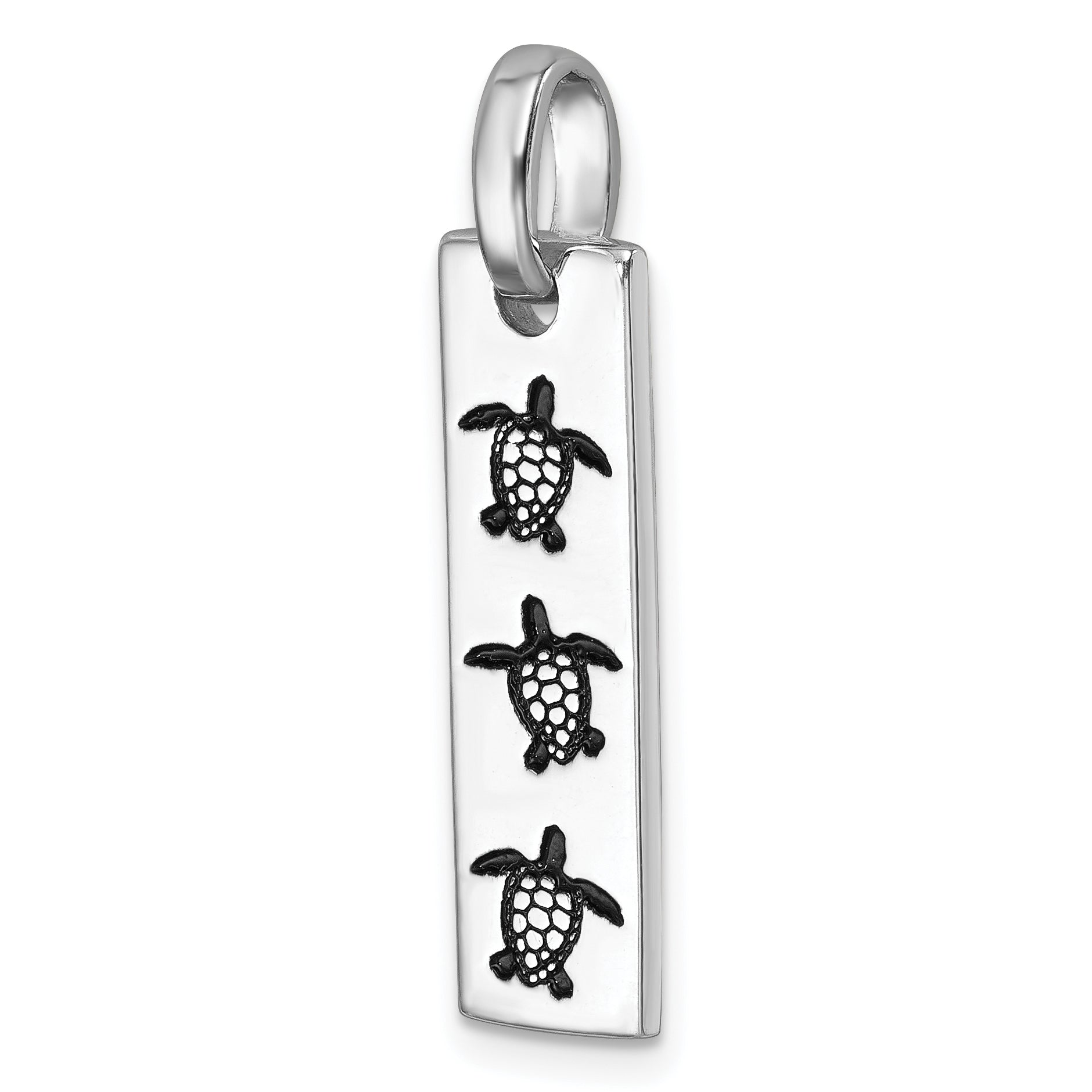 Sterling Silver Rhodium-Plated Antiqued Swimming Turtles Rectangle Pendant