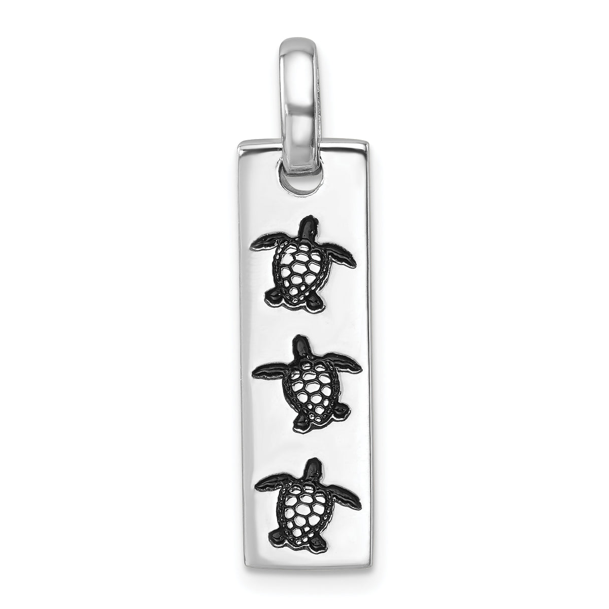 Sterling Silver Rhodium-Plated Antiqued Swimming Turtles Rectangle Pendant