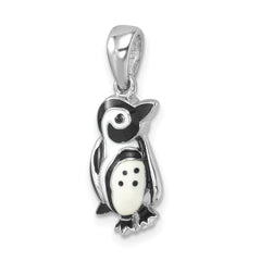 Sterling Silver Rhodium-plated Polished Enamel Penguin Pendant