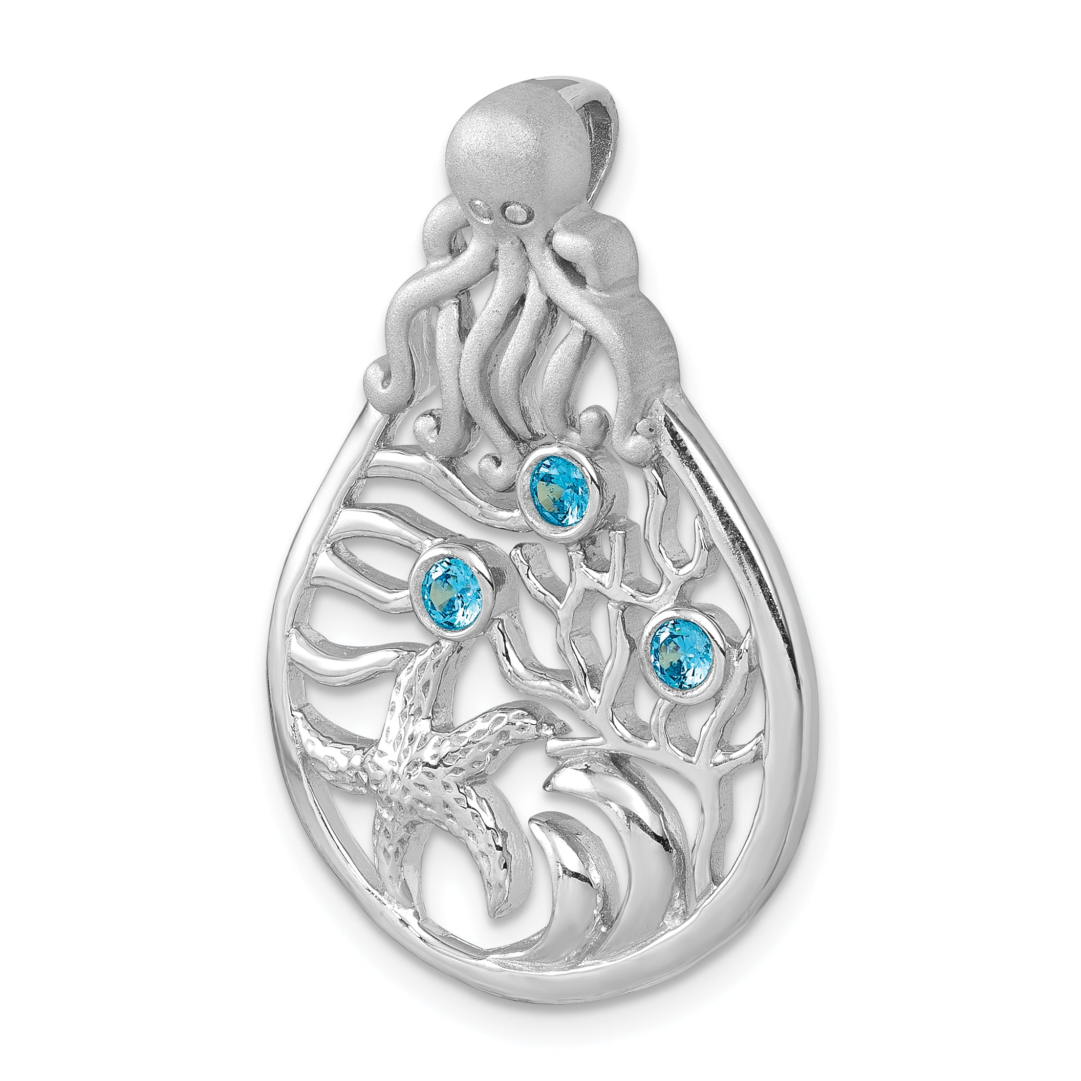 Sterling Silver Rhodium-plated Polished Octopus and Starfish Sea Life Scene Pendant