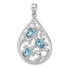 Sterling Silver Rhodium-plated Polished Triple Crystal Turtle Ocean Wave Pendant