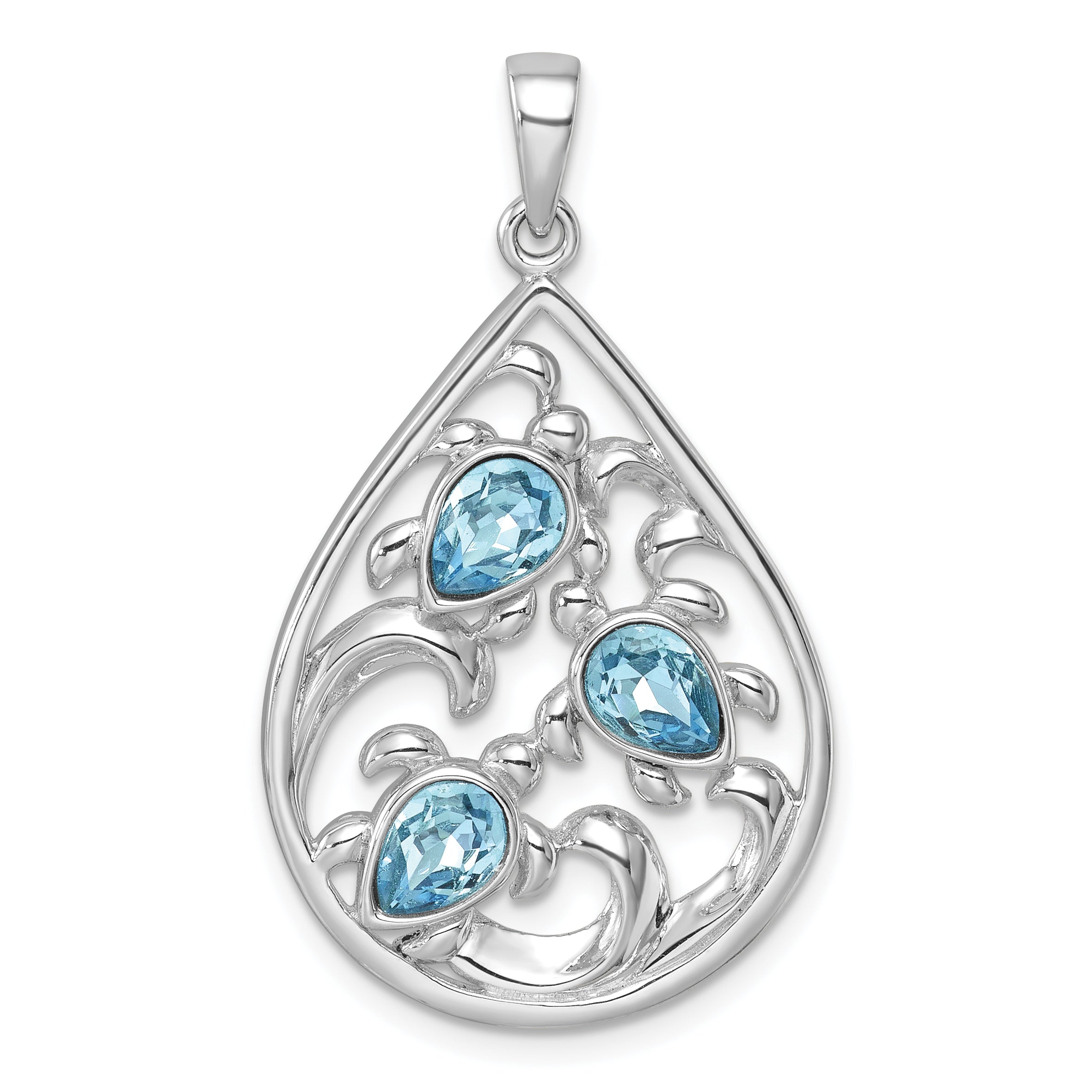 Sterling Silver Rhodium-plated Polished Triple Crystal Turtle Ocean Wave Pendant