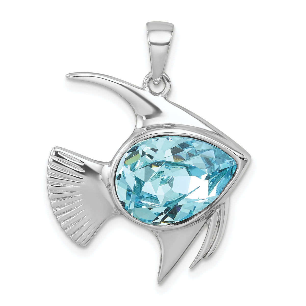 Sterling Silver Rhodium-plated Polished Crystal Angel Fish Pendant