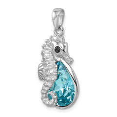 Sterling Silver Rhodium-plated Polished Crystal Background Seahorse Pendant