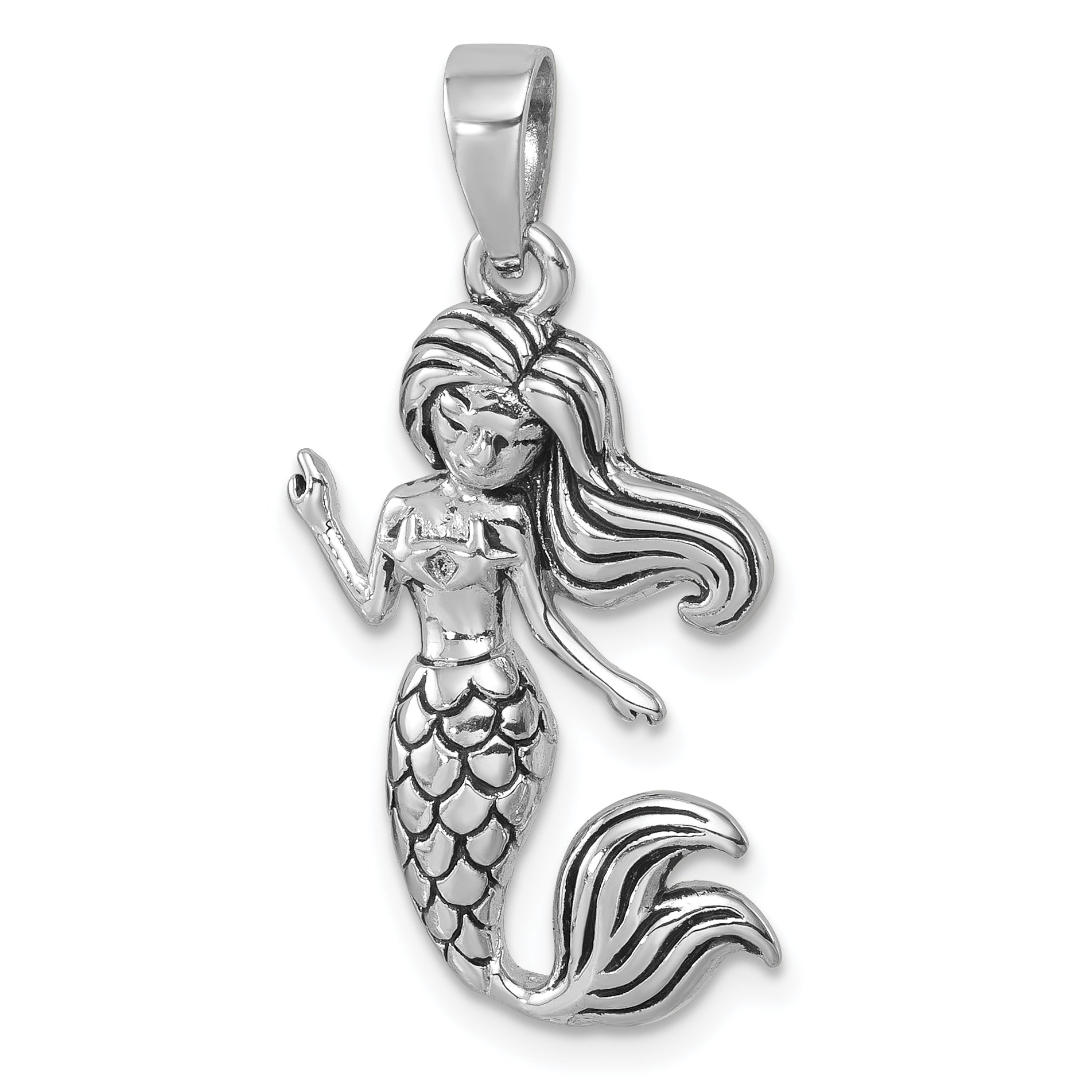 Sterling Silver Rhodium-Plated Antiqued Mermaid Pendant