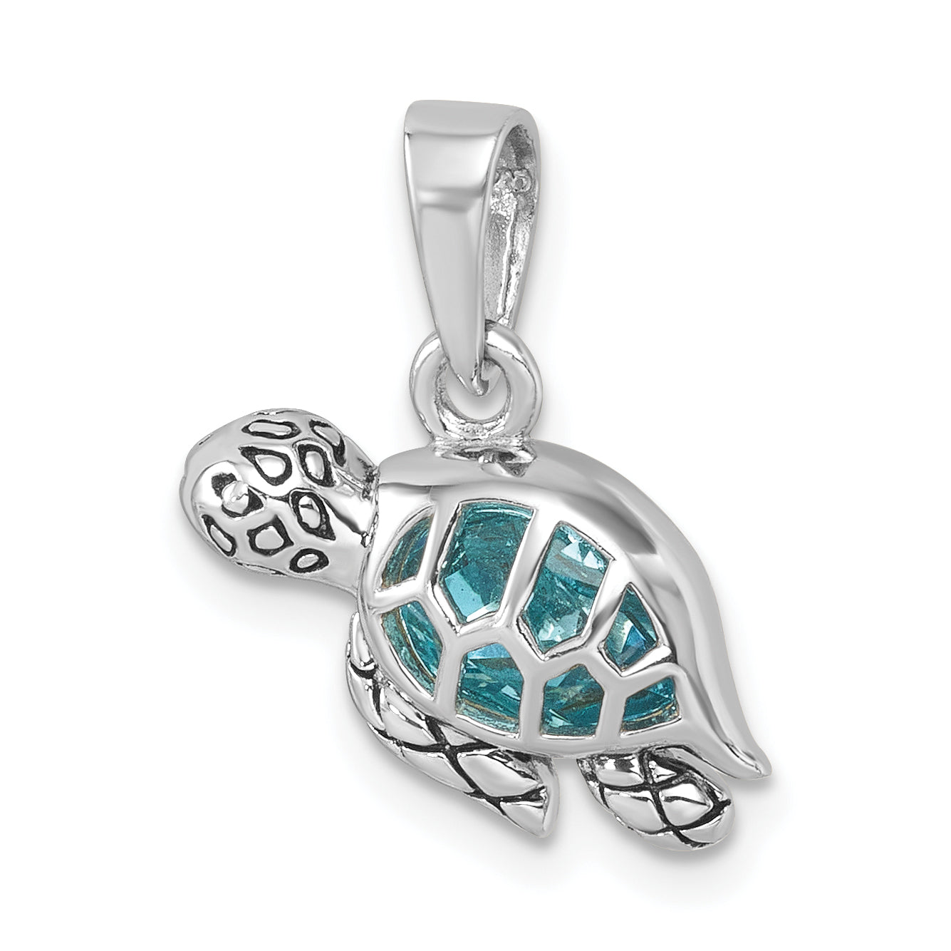 Sterling Silver Rhodium-Plated Antiqued Crystal Swimming Turtle Pendant