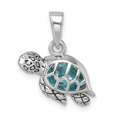 Sterling Silver Rhodium-Plated Antiqued Crystal Swimming Turtle Pendant