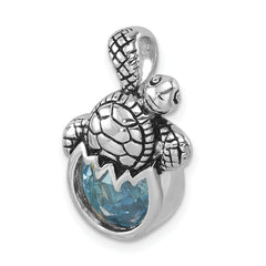 Sterling Silver Rhodium-Plated Antiqued Crystal Hatching Turtle Pendant