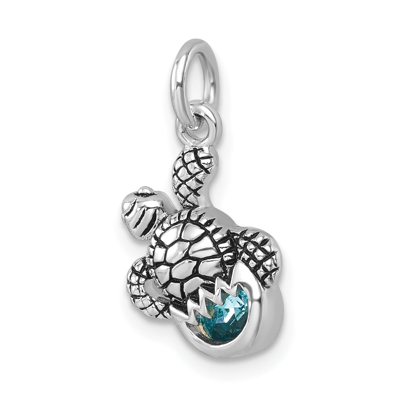 Sterling Silver Rhodium-Plated Antiqued Crystal Hatching Turtle Pendant