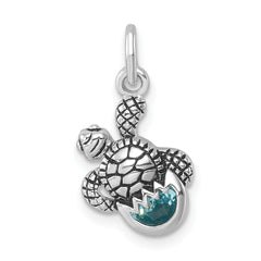 Sterling Silver Rhodium-Plated Antiqued Crystal Hatching Turtle Pendant