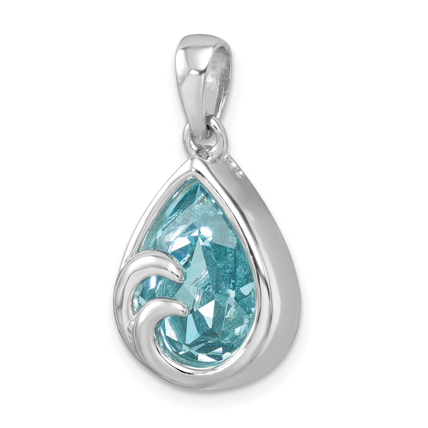 Sterling Silver Rhodium-Plated Polished Crystal Wave Tear Drop Pendant