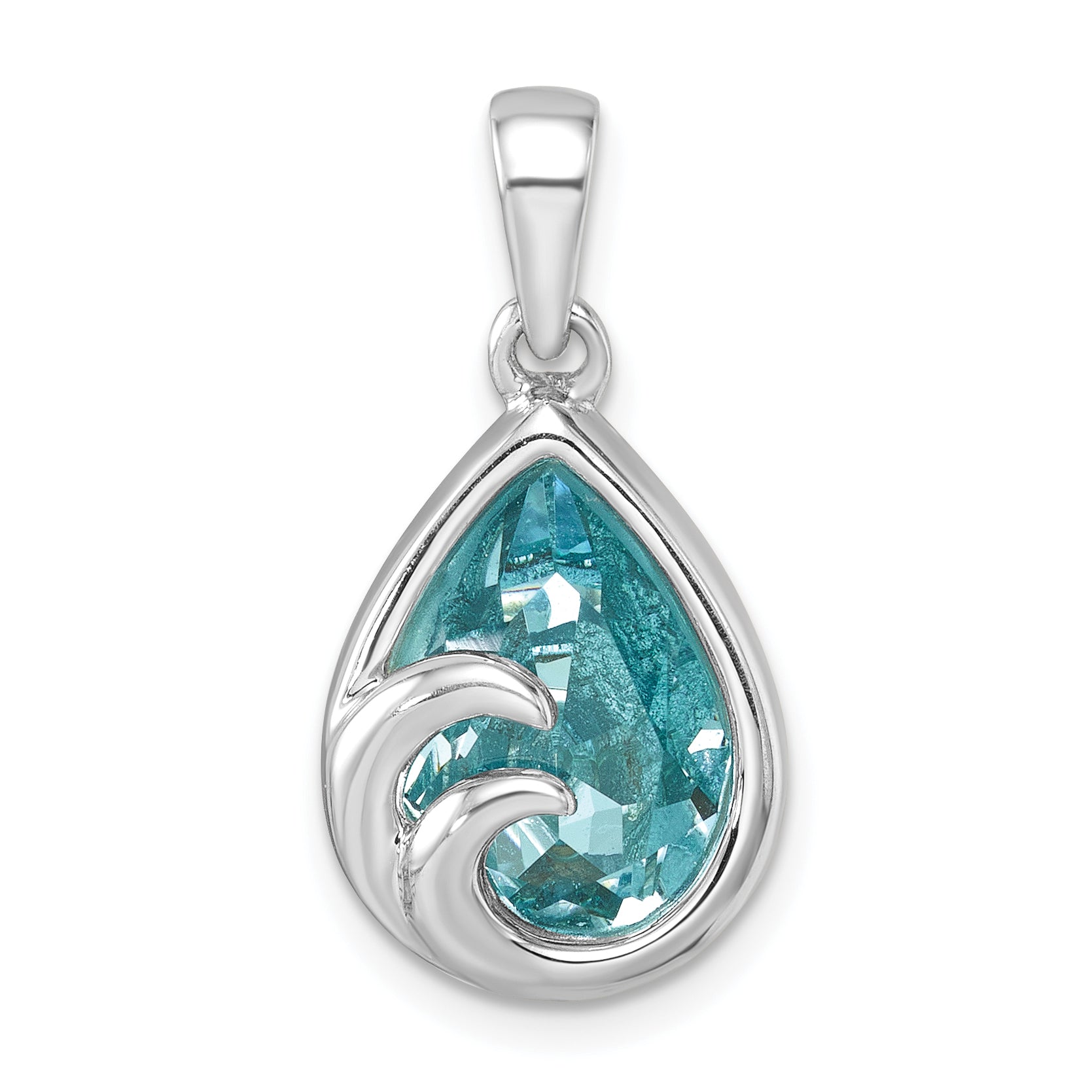 Sterling Silver Rhodium-Plated Polished Crystal Wave Tear Drop Pendant