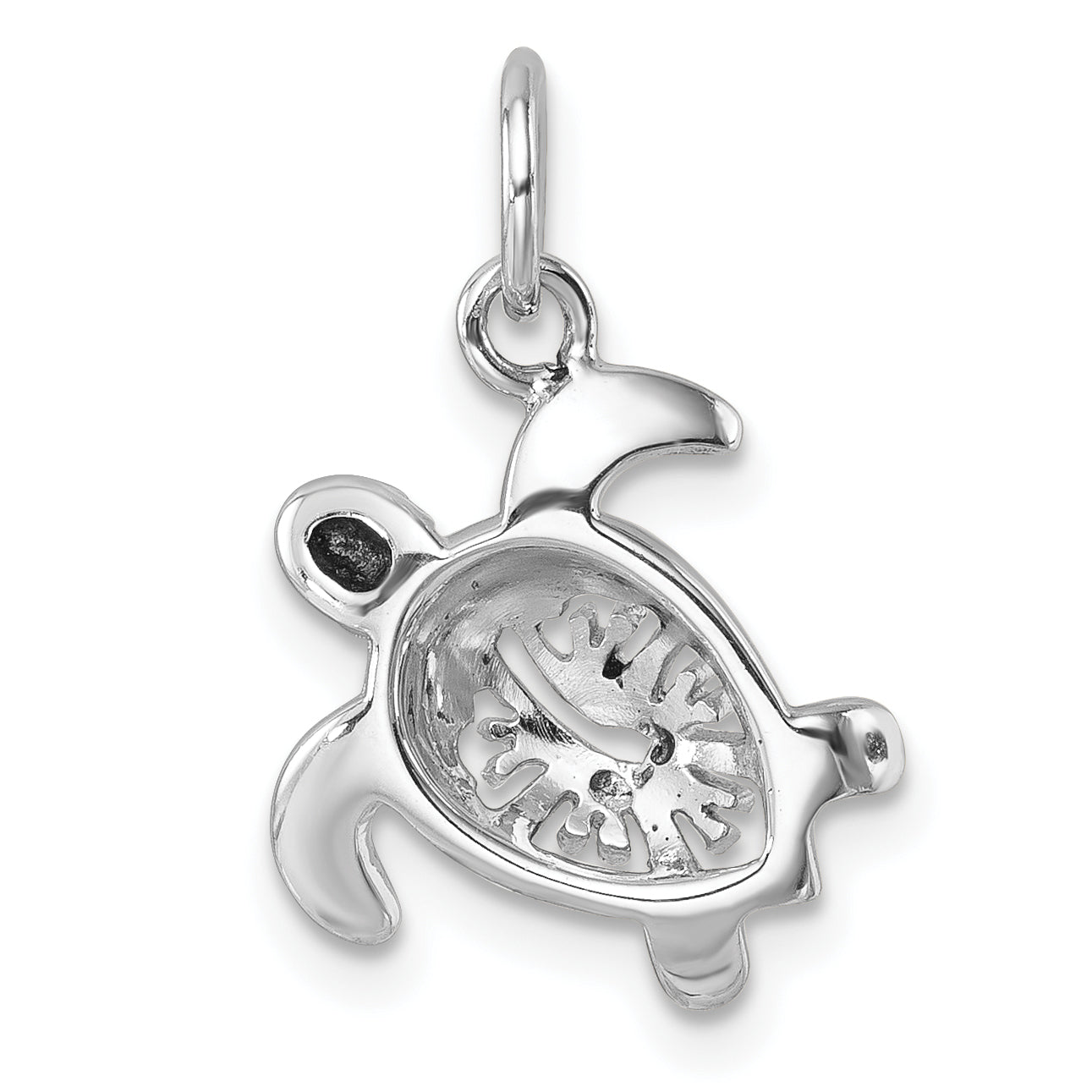 Sterling Silver Rhodium-Plated Tiny Turtle with Flower Back Pendant