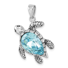 Sterling Silver Rhodium-plated Antiqued Blue Crystal Turtle Pendant