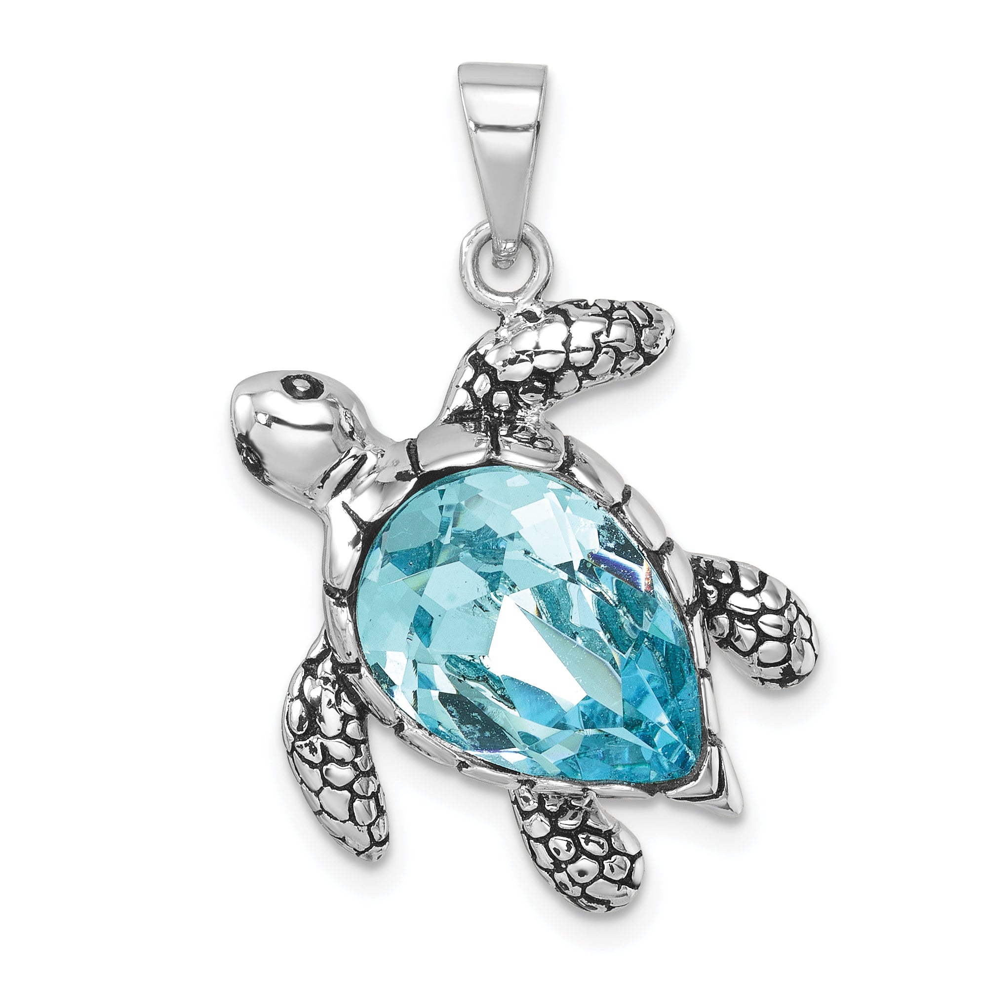 Sterling Silver Rhodium-plated Antiqued Blue Crystal Turtle Pendant