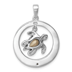 Sterling Silver Rhodium-plated Antiqued Round Moveable Crystal Turtle Pendant