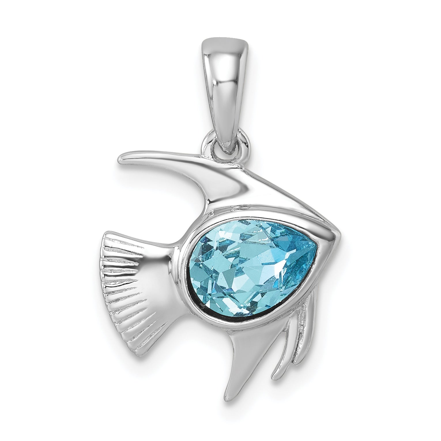 Sterling Silver Rhodium-plated Polished Crystal Angel Fish Pendant