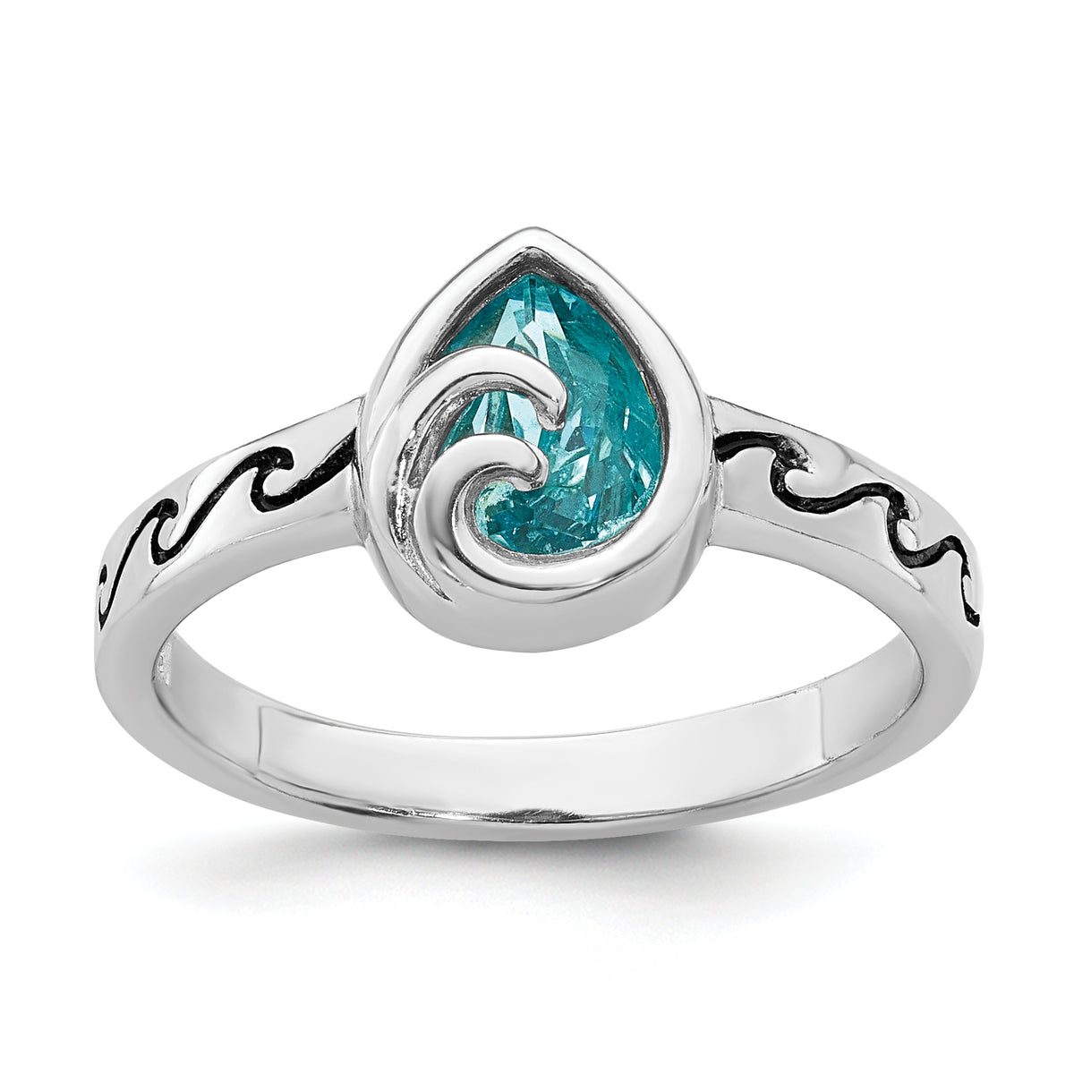 Sterling Silver Rhodium-Plated Polished Double Wave Crystal Inlay Ring