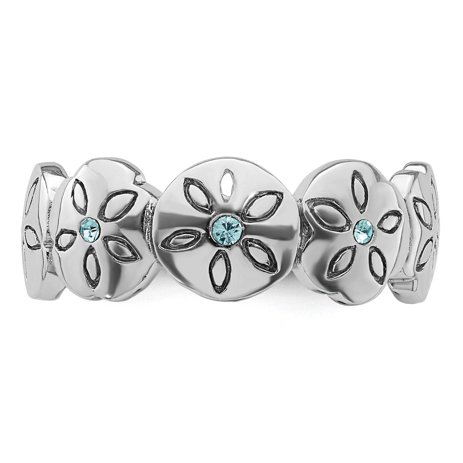 Sterling Silver Rhodium-plated Polished Blue Crystal 5 Sand Dollar Ring