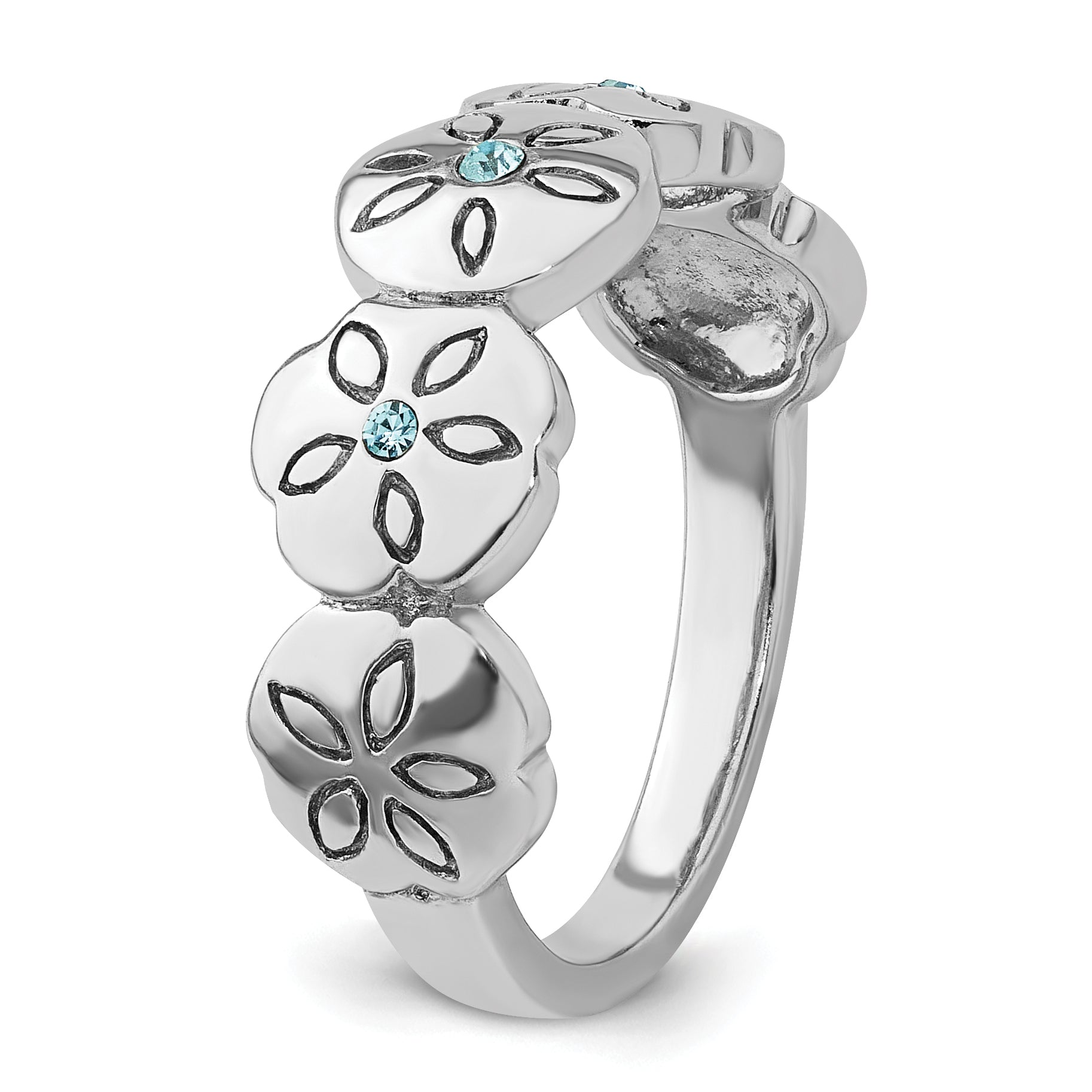 Sterling Silver Rhodium-plated Polished Blue Crystal 5 Sand Dollar Ring