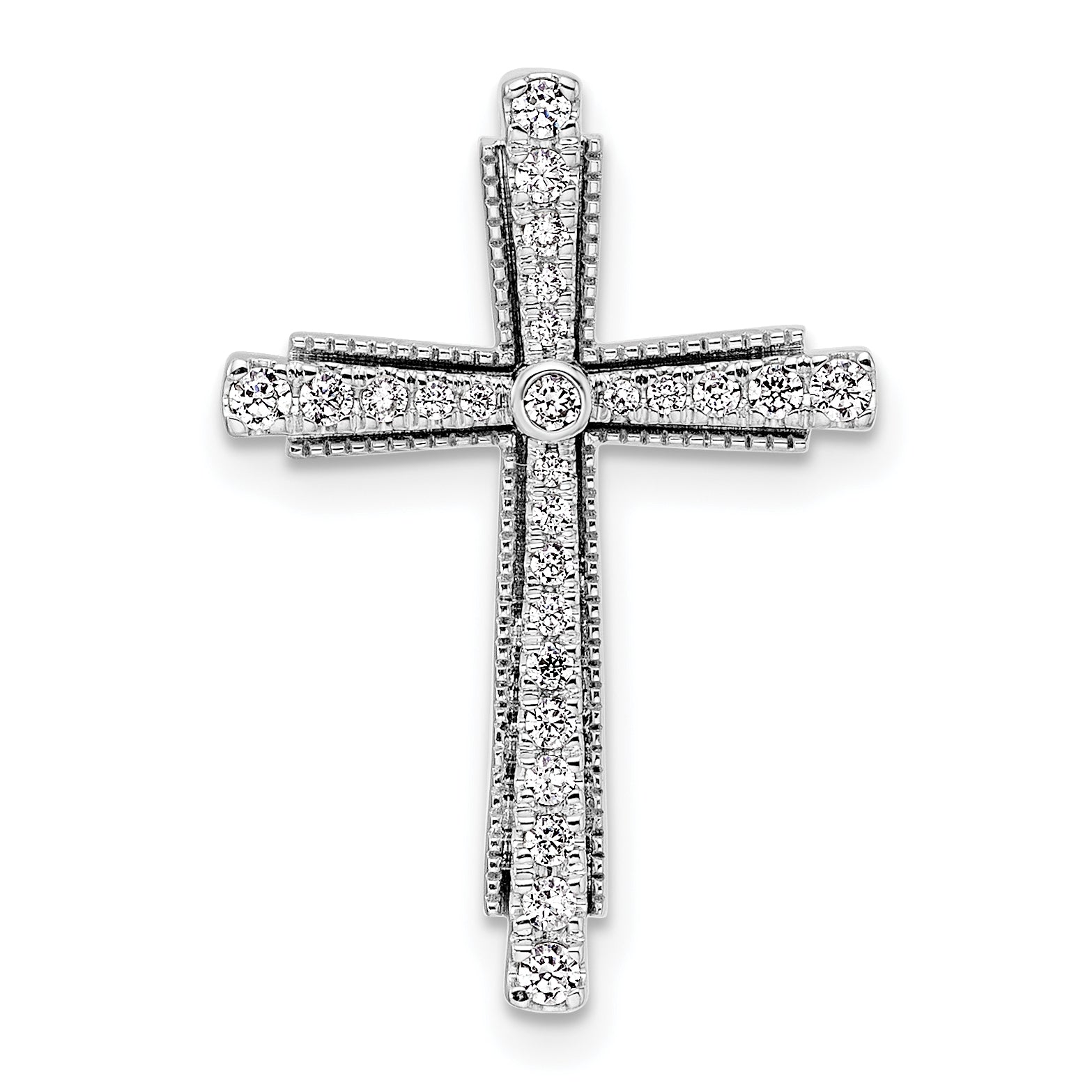 14K White Gold Lab Grown Diamond Beaded Edge Cross Chain Slide