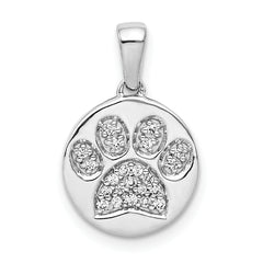 14k White Gold Diamond Paw Print in Circle Pendant