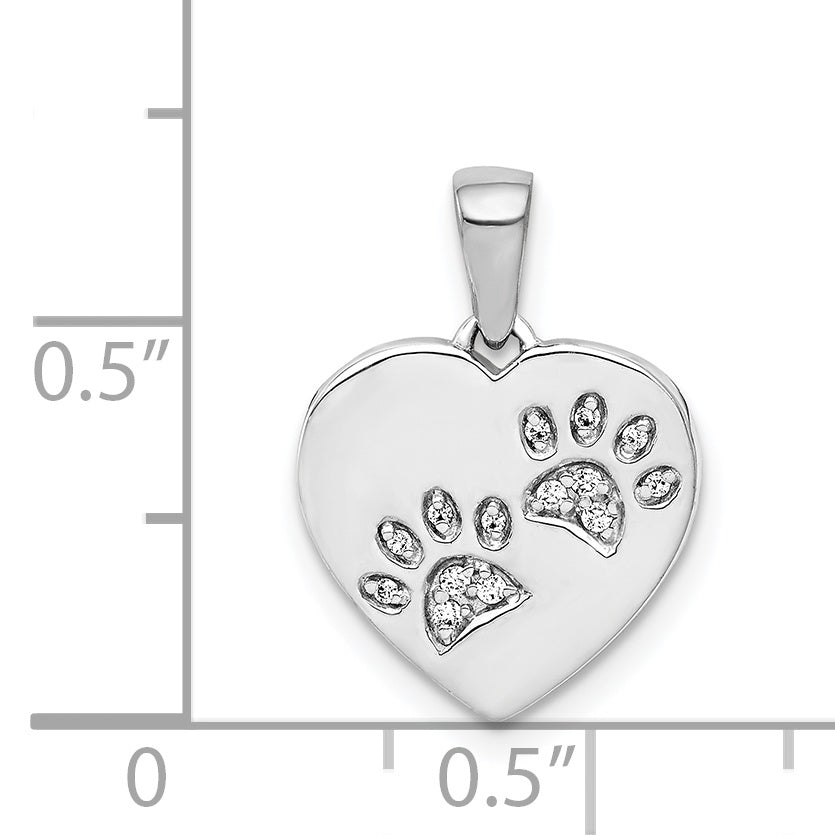 14k White Gold Diamond Paw Prints Heart Pendant