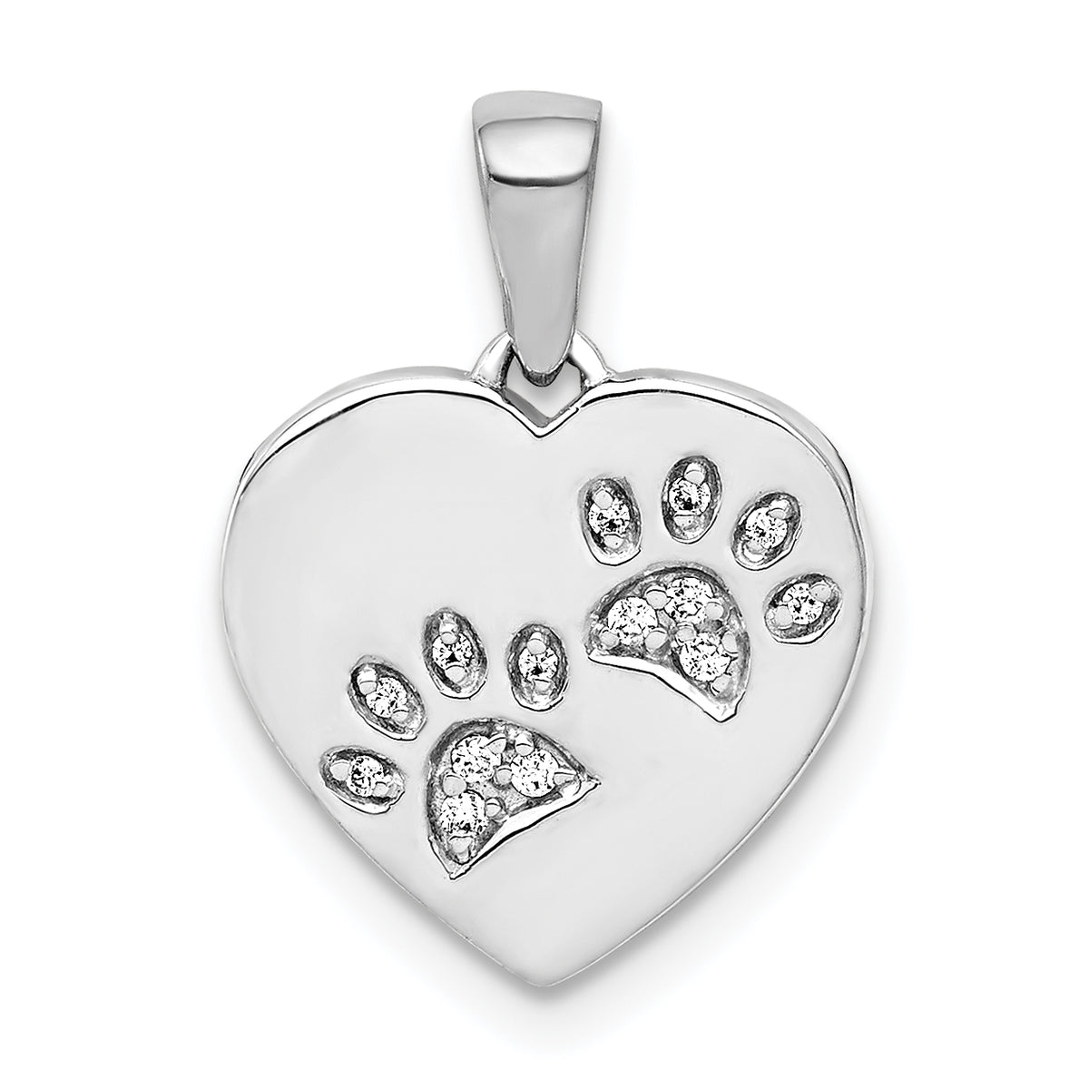 14k White Gold Diamond Paw Prints Heart Pendant