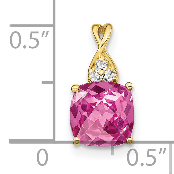 10k Checkerboard Created Pink Sapphire and Diamond Pendant