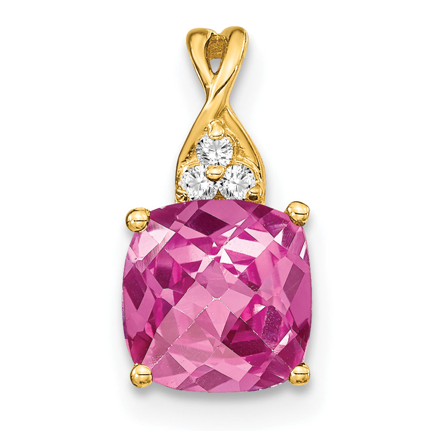 10k Checkerboard Created Pink Sapphire and Diamond Pendant