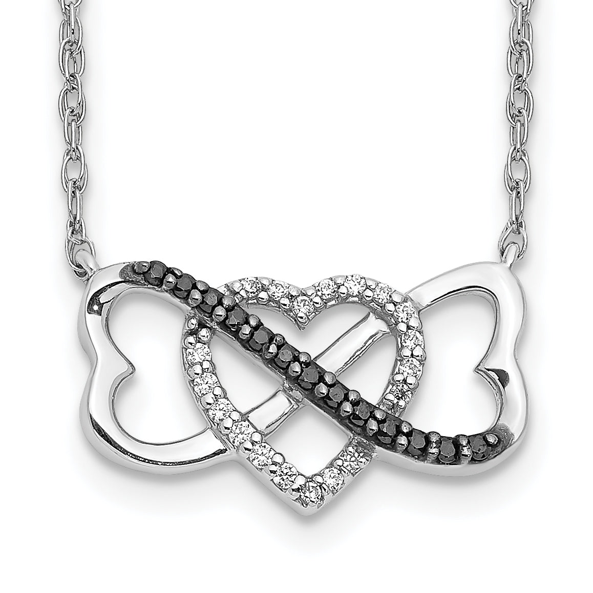 10k White Gold w/ Black and White Diamond Triple Heart 17in Necklace