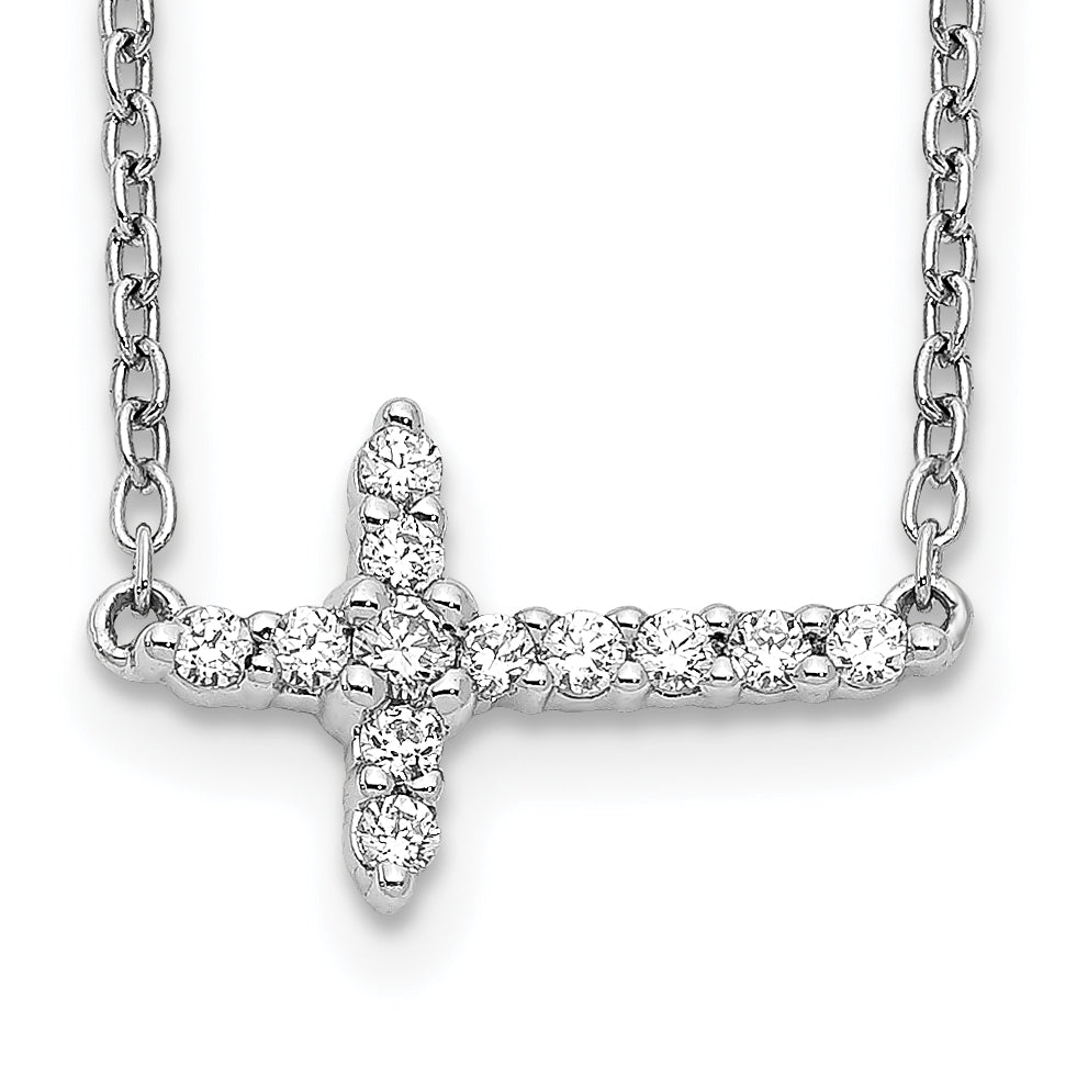 14K White Gold Lab Grown Diamond Sideways Cross 18in Necklace