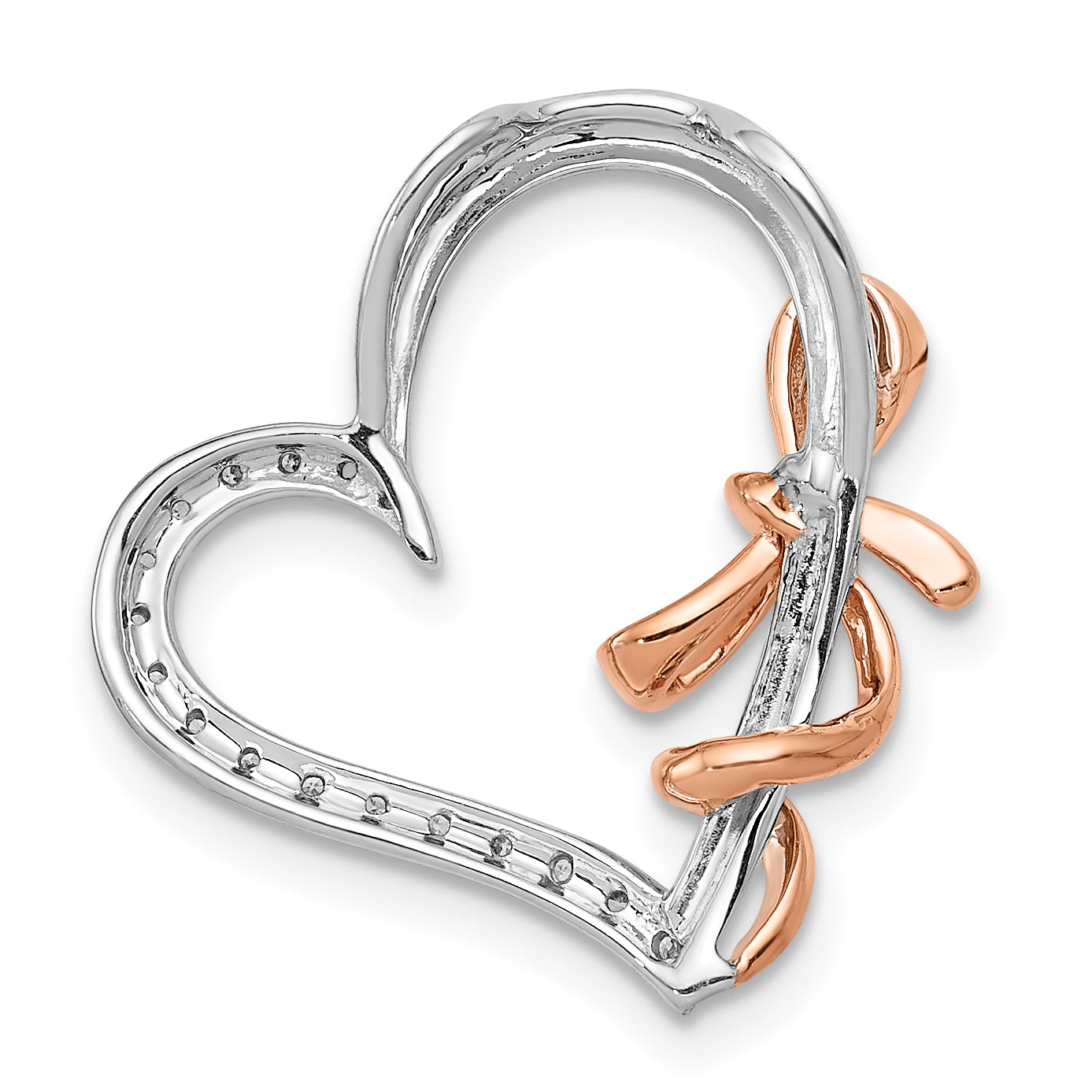 14k White and Rose Gold Diamond Polished Heart w/Bow Chain Slide