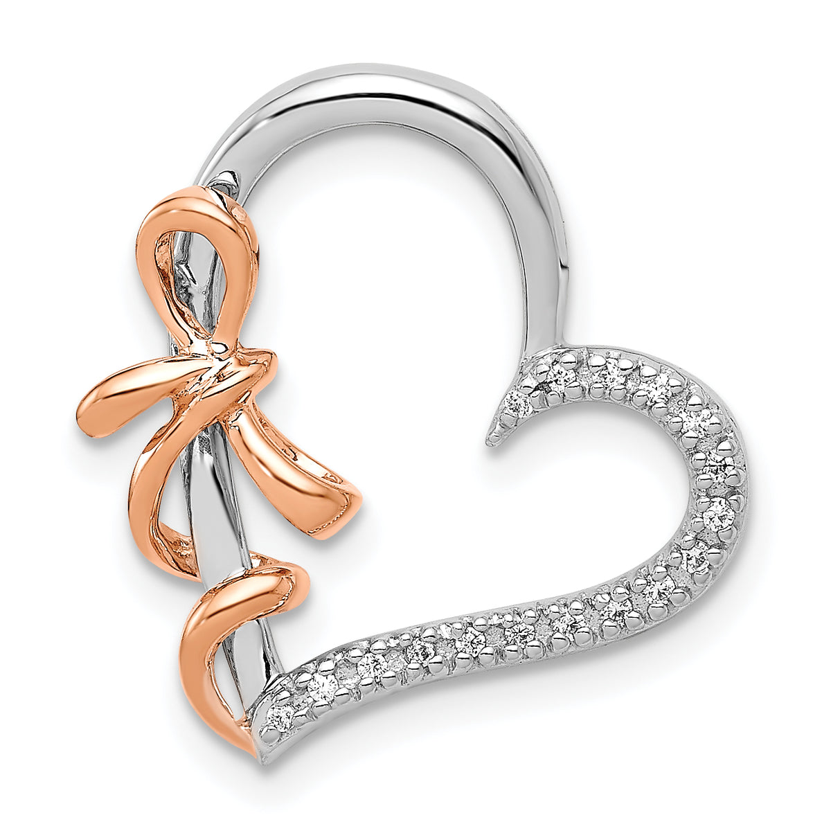 14k White and Rose Gold Diamond Polished Heart w/Bow Chain Slide