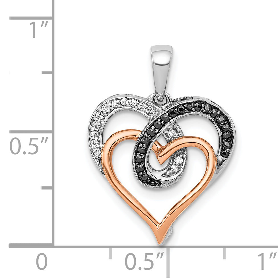 14k White and Rose Gold White and Black Diamond Hearts Pendant