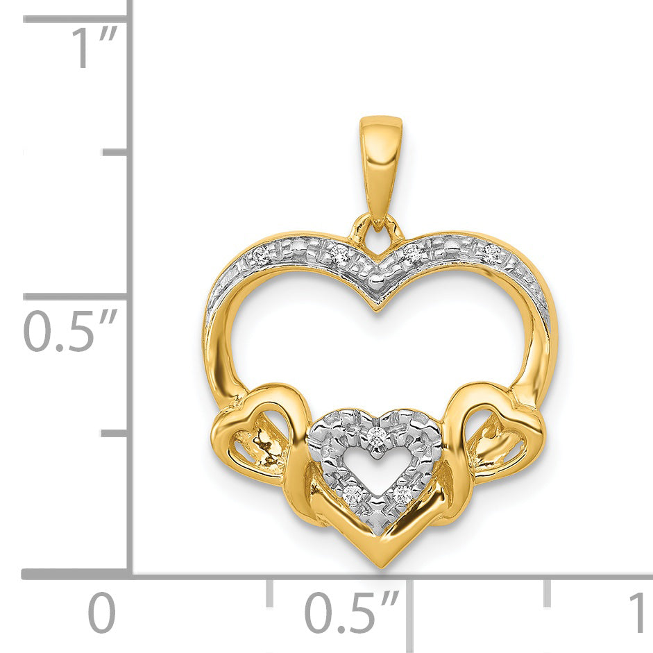 14k .03ct. Diamond and Rhodium Heart w/3 Smaller Hearts Pendant