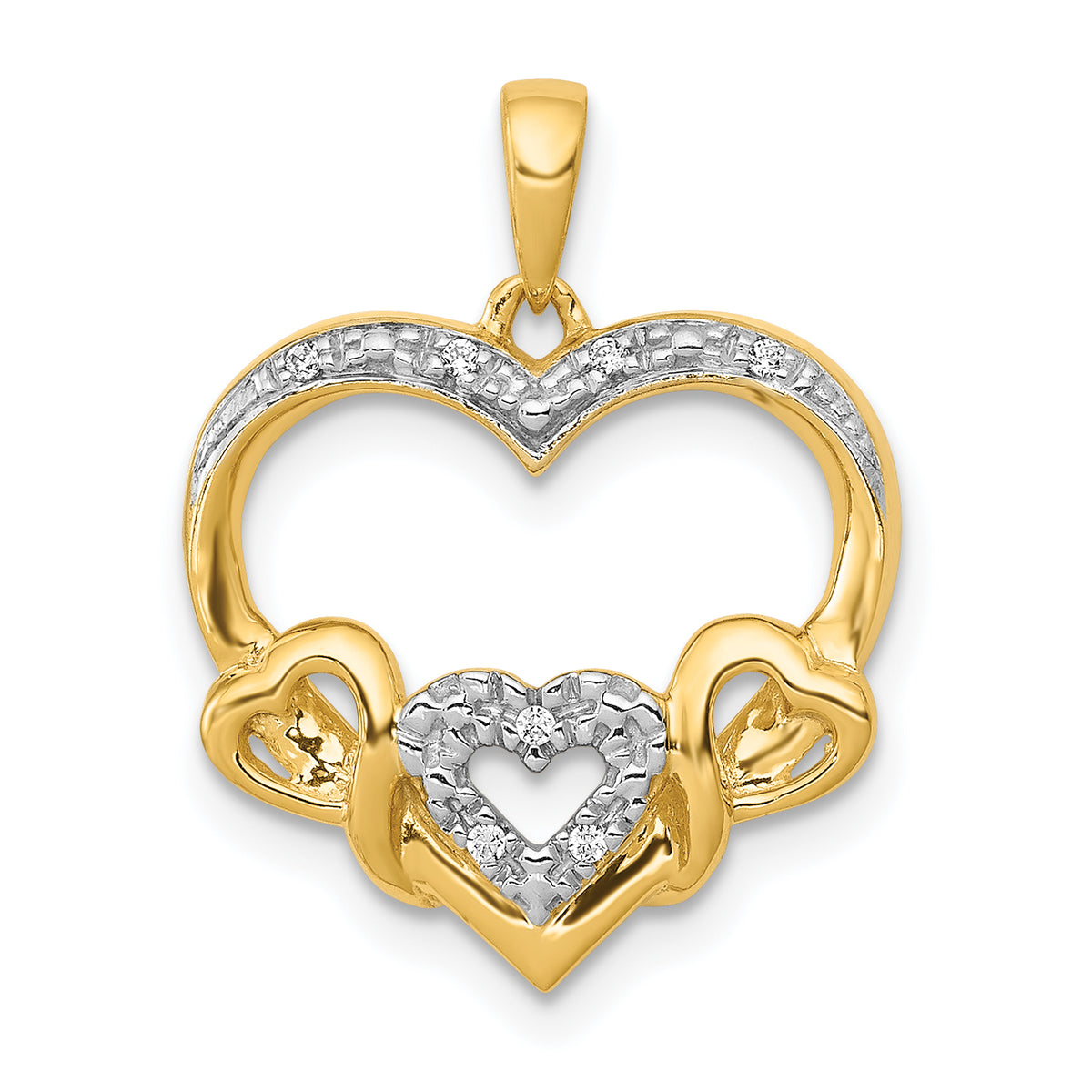 14k .03ct. Diamond and Rhodium Heart w/3 Smaller Hearts Pendant