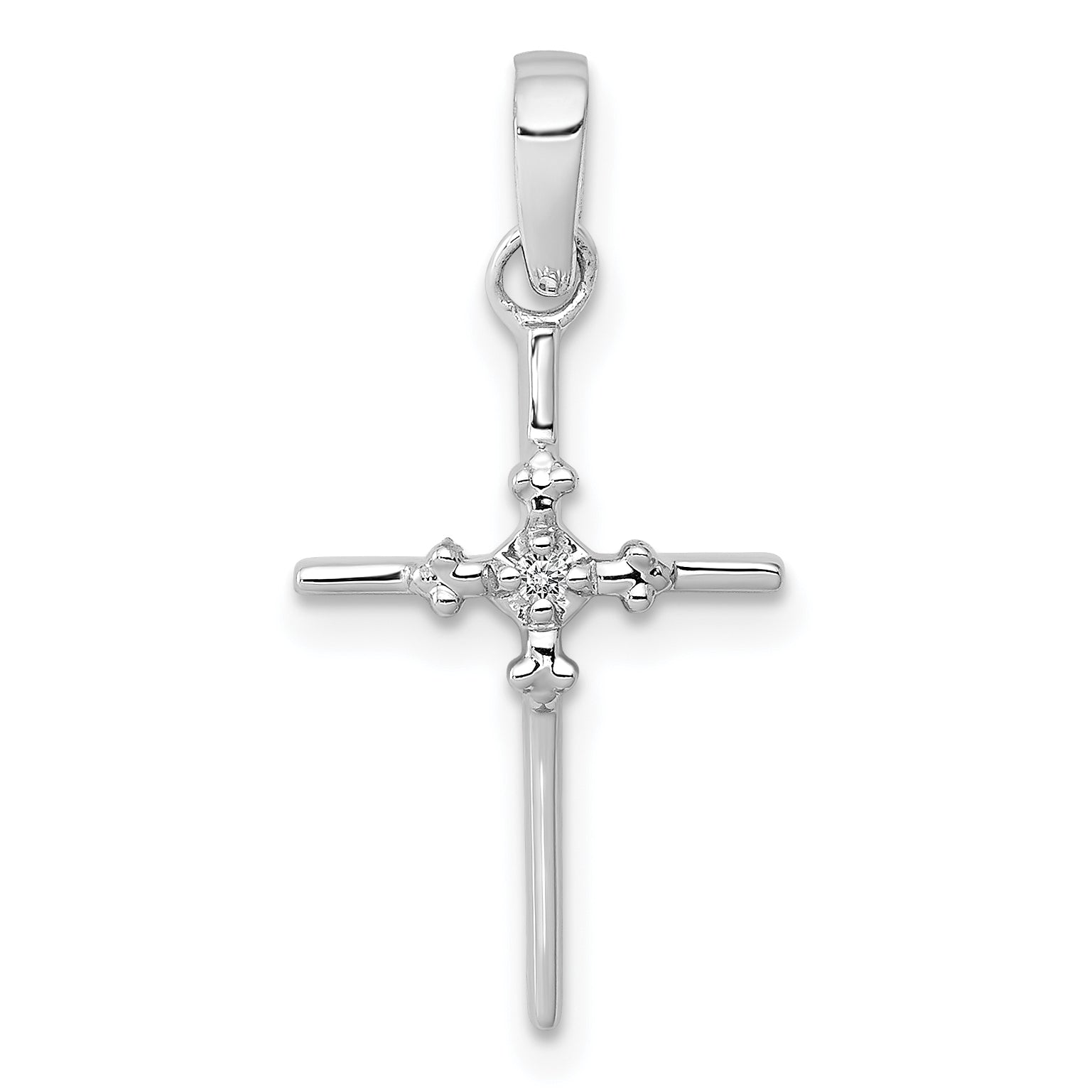 10K White Gold .01ct. Diamond Polished Budded Cross Pendant