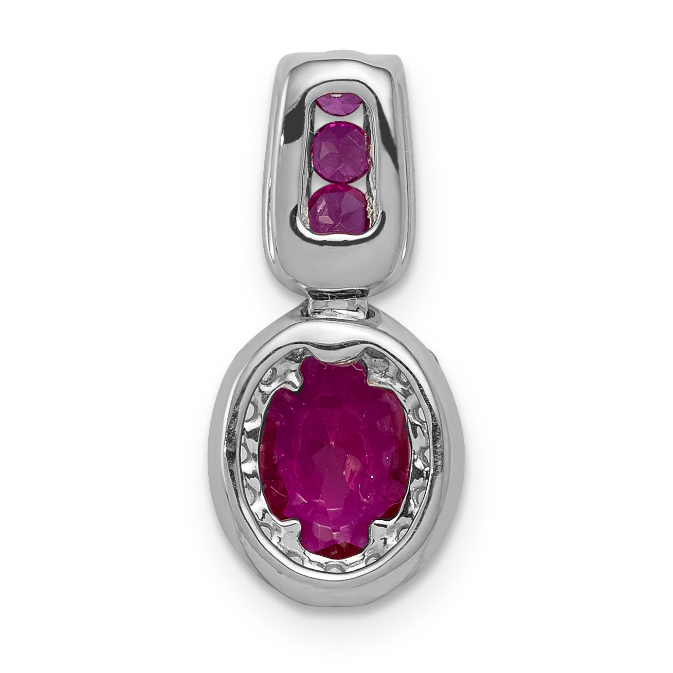 14K White Gold Lab Grown Diamond and Created Ruby Oval Halo Pendant