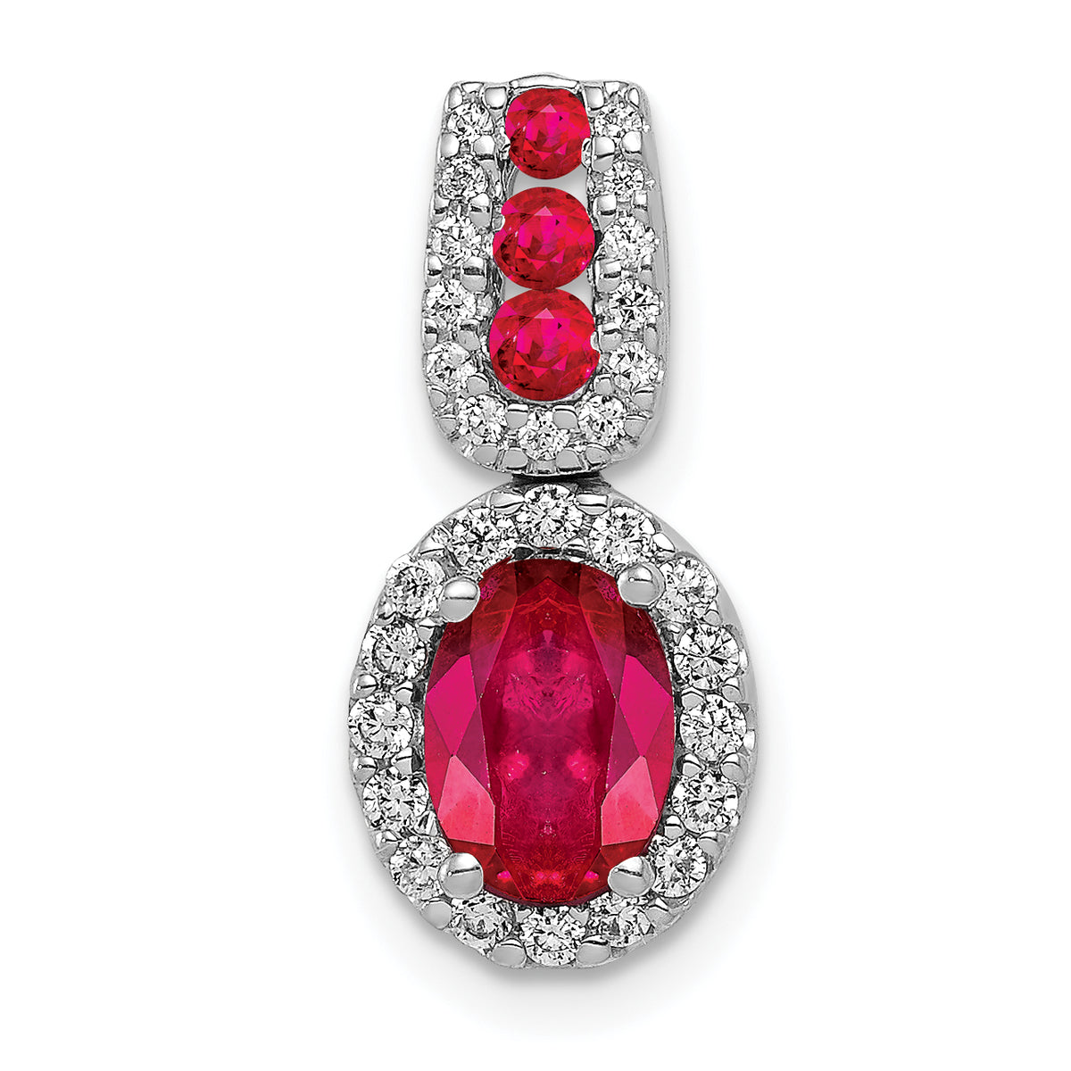 14K White Gold Lab Grown Diamond and Created Ruby Oval Halo Pendant