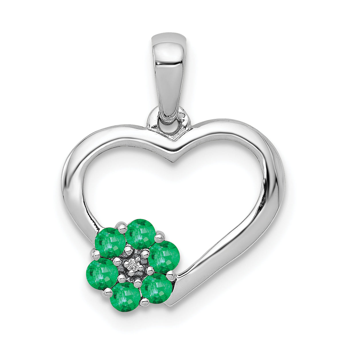 10k White Gold Diamond and Emerald Heart and Flower Pendant