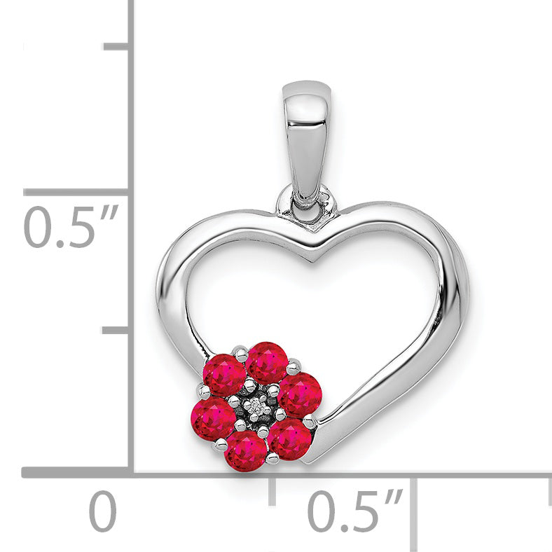 10k White Gold Diamond and Ruby Heart w/ Flower Pendant