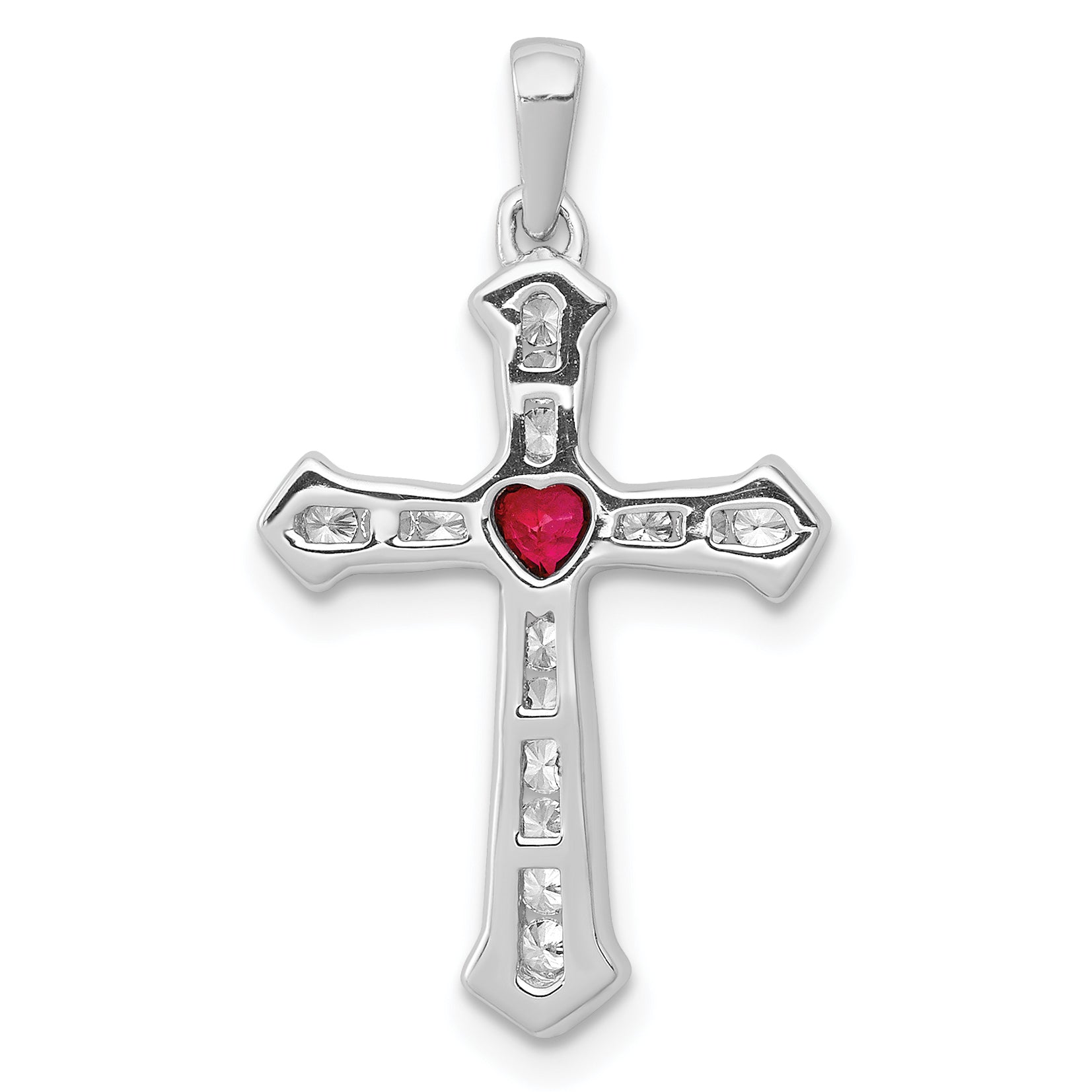 10K White Gold Ruby and Diamond Heart Cross Pendant