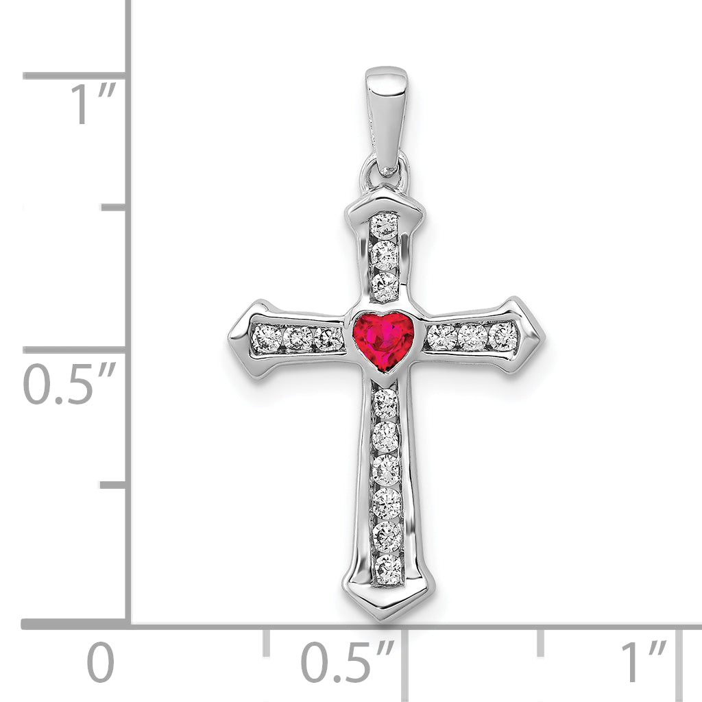 10K White Gold Ruby and Diamond Heart Cross Pendant