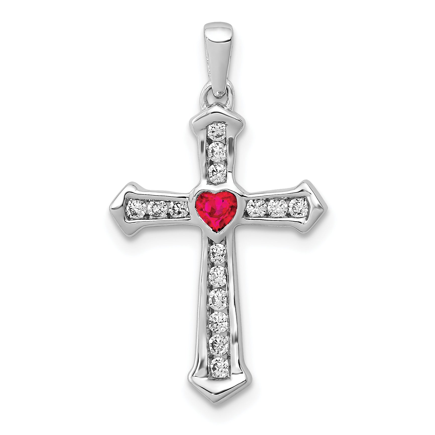 10K White Gold Ruby and Diamond Heart Cross Pendant