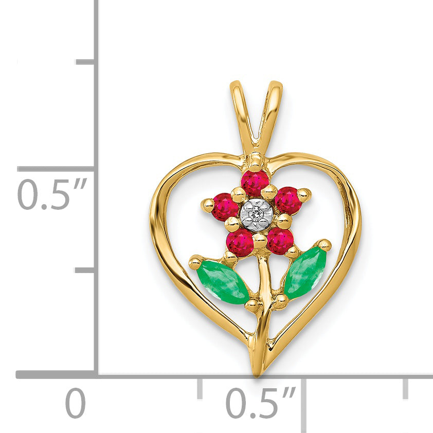 14k Siam Ruby/Emerald/Diamond Flower in Heart Pendant