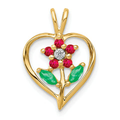 14k Siam Ruby/Emerald/Diamond Flower in Heart Pendant